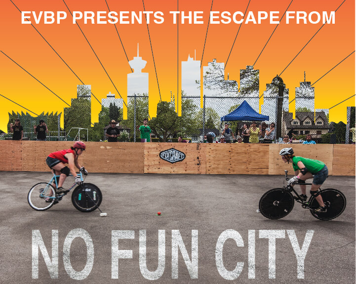 EVBP presents the escape from No Fund City - 2 players riding towards each other jousting with the city skylines in the background