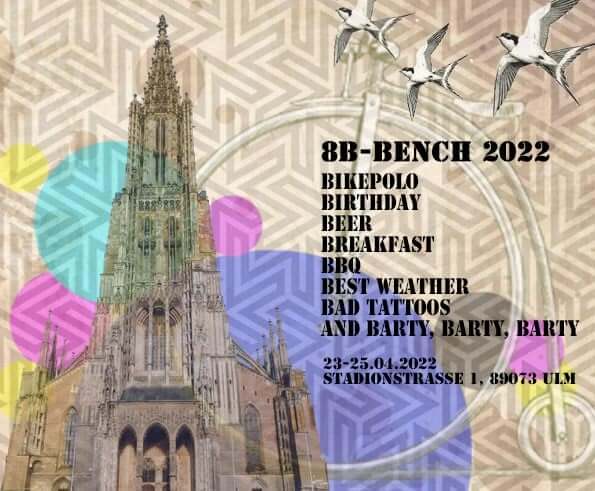 poster, 8B-Bench 2022, cathedral and a penny farthing with white birds flying past