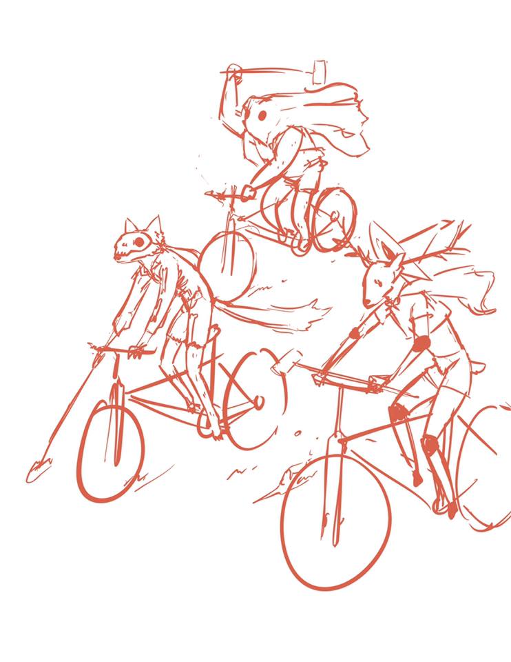 drawing of players on bikes in costumes