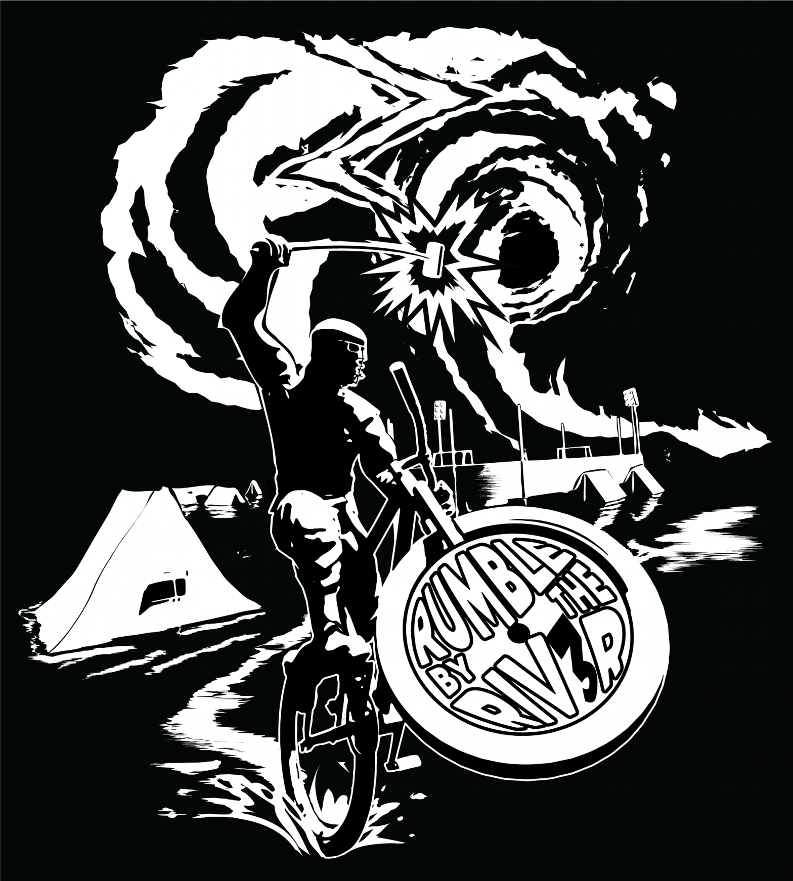 illustration of a bike polo player swinging at a ball with a tent in the backyard, at night and lighting striking the mallet in the air