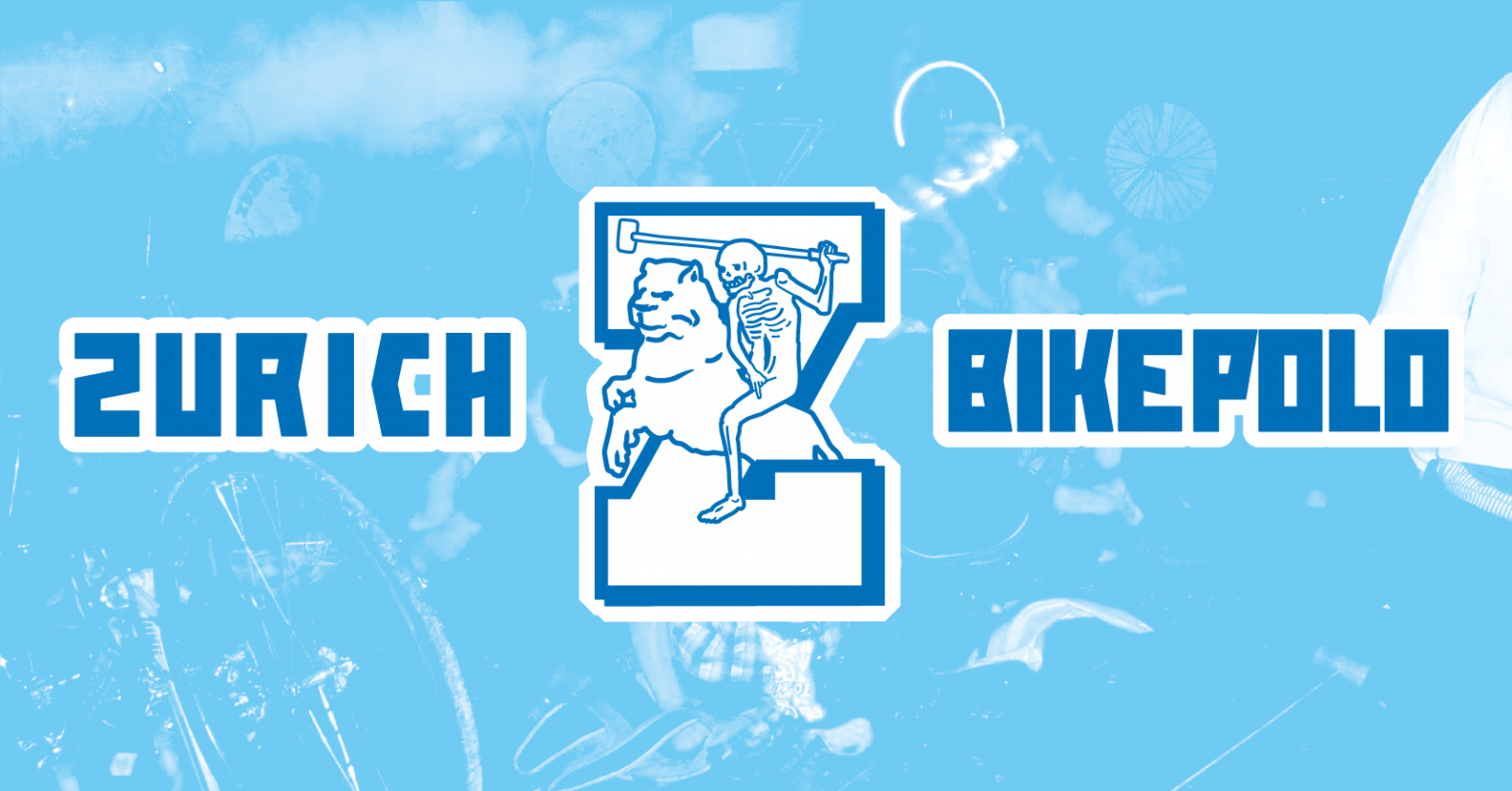 zurich bike polo logo, skeleton riding a horse swinging a mallet and flippin the bird
